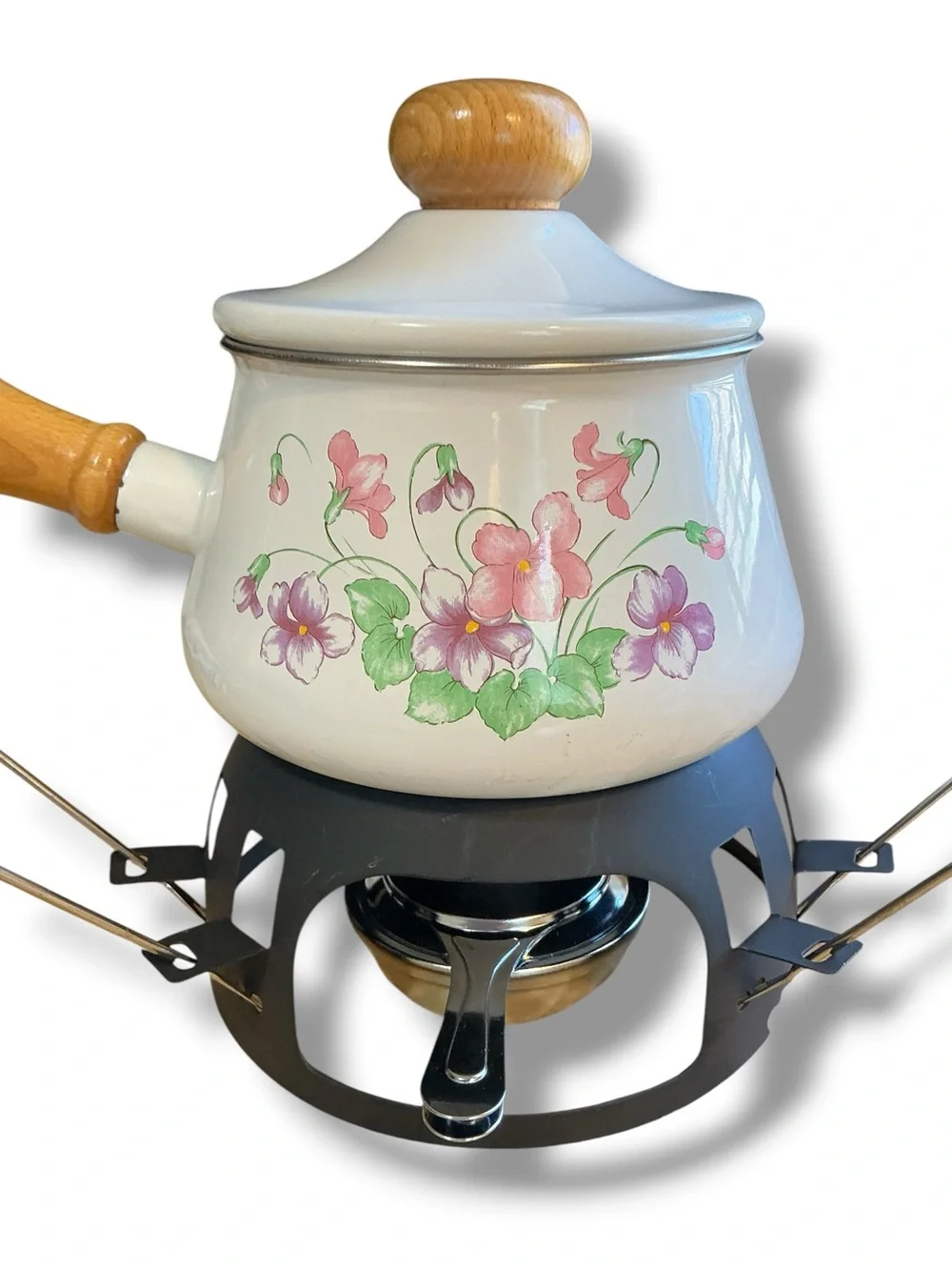 Vintage 1970’s Ceramic Floral Fondue Pot with Wooden Handle Forks